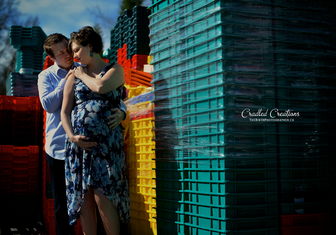 maternity photos with crates, industrial